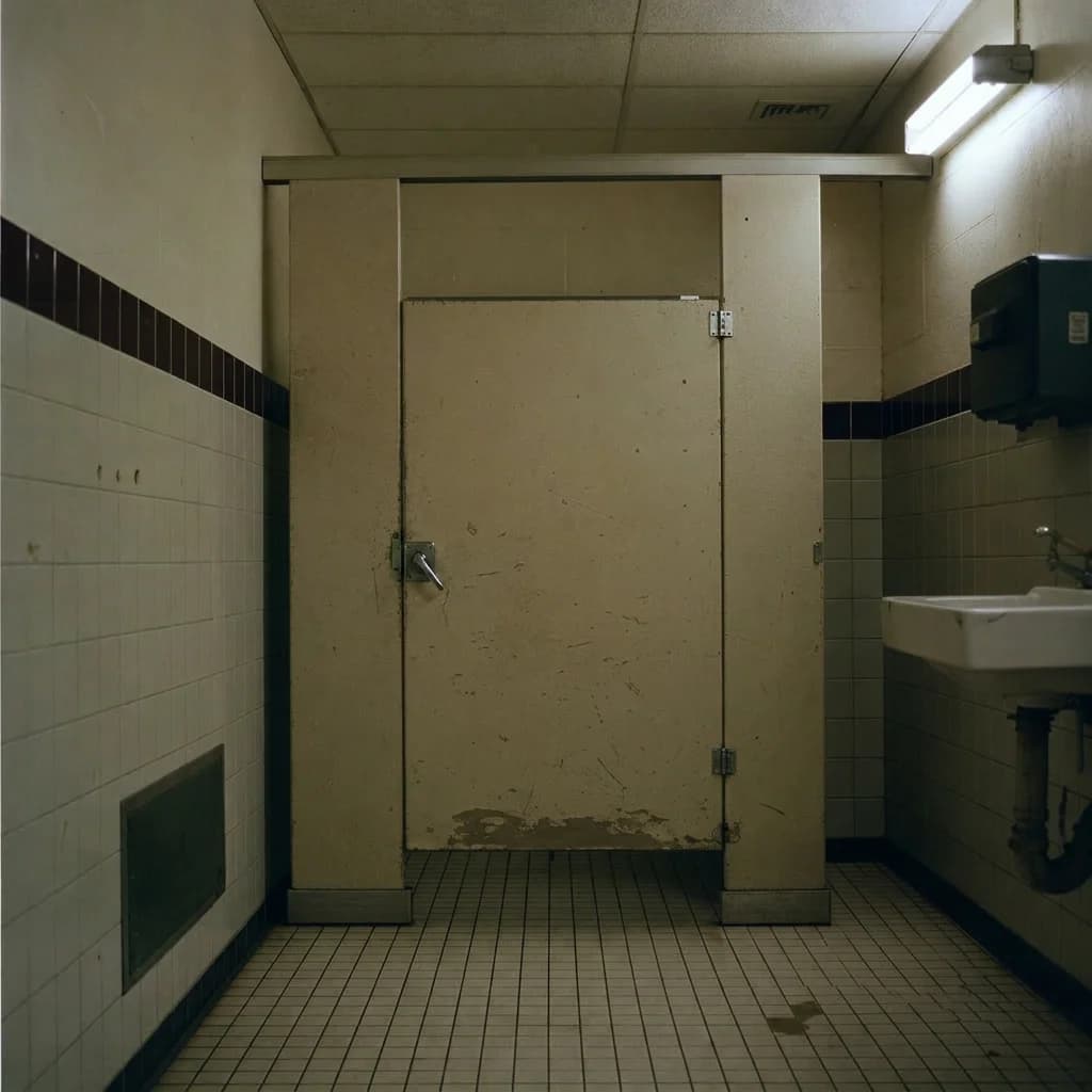 A grungy school bathroom stall with the door closed.